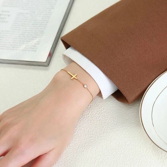 Gold Sideways Cross Bracelet Cubic Zirconia Charm - Picture 8 of 11